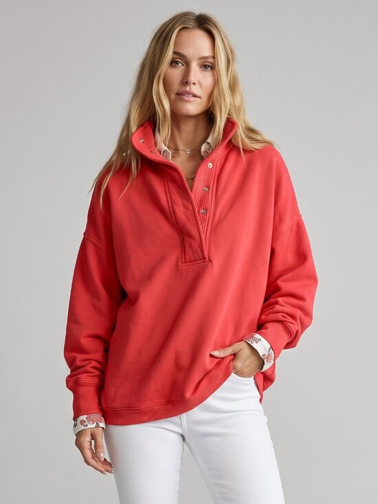Tops - Women's Red Cotton Oversized Henley Sweatshirt Button Neck Casual Pullover Tops